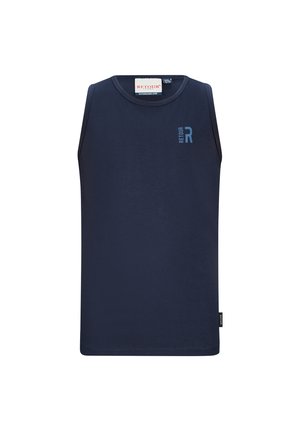 Canotta senza maniche blu navy con collo rotondo e piccolo logo "Retour" stampato in azzurro chiaro sulla parte superiore sinistra del petto.