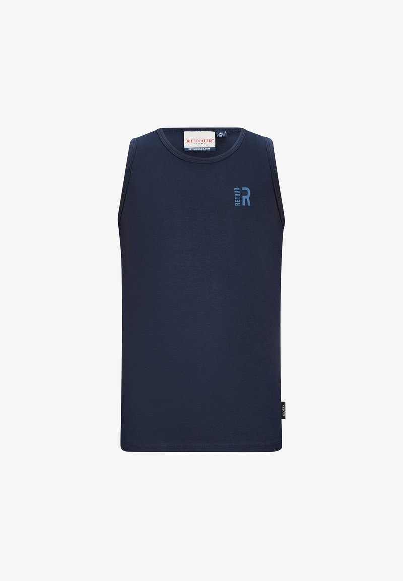 Marineblaues ärmelloses Tanktop mit rundem Ausschnitt und kleinem "Retour"-Logo in Hellblau auf der oberen linken Brust.