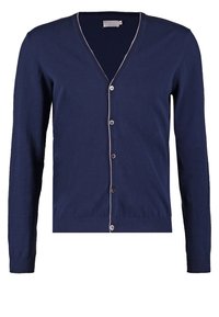 Mörkblå stickad kofta med V-ringning, långa ärmar och fem knappar. Har en kontrasterande ljus söm längs halsringningen och knappraden.