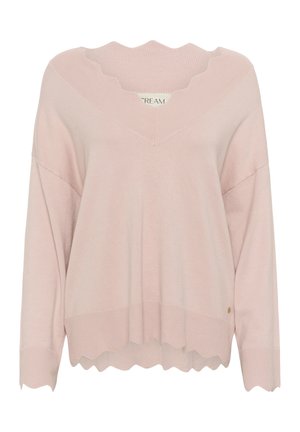 Ljusrosa stickad tröja med en scallopad V-ringning och nederkant. Har något överdimensionerade ärmar och subtil ribbad textur.