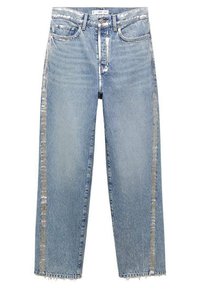 Lichtblauwe denim jeans met een recht model, voorzien van glanzende zilveren zijpanelen en rafelige zomen. Basis vijf-pocket stijl.