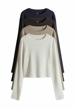 Langärmelige Ripp-Tops in vier Farben: schwarz, dunkelbraun, beige und weiß. Jedes hat einen runden Ausschnitt und eine verkürzte Passform.