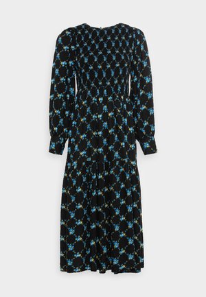 Vestito midi nero a maniche lunghe con motivi floreali tondi blu, vita raccolta e maniche leggermente gonfie con polsini con bottoni.