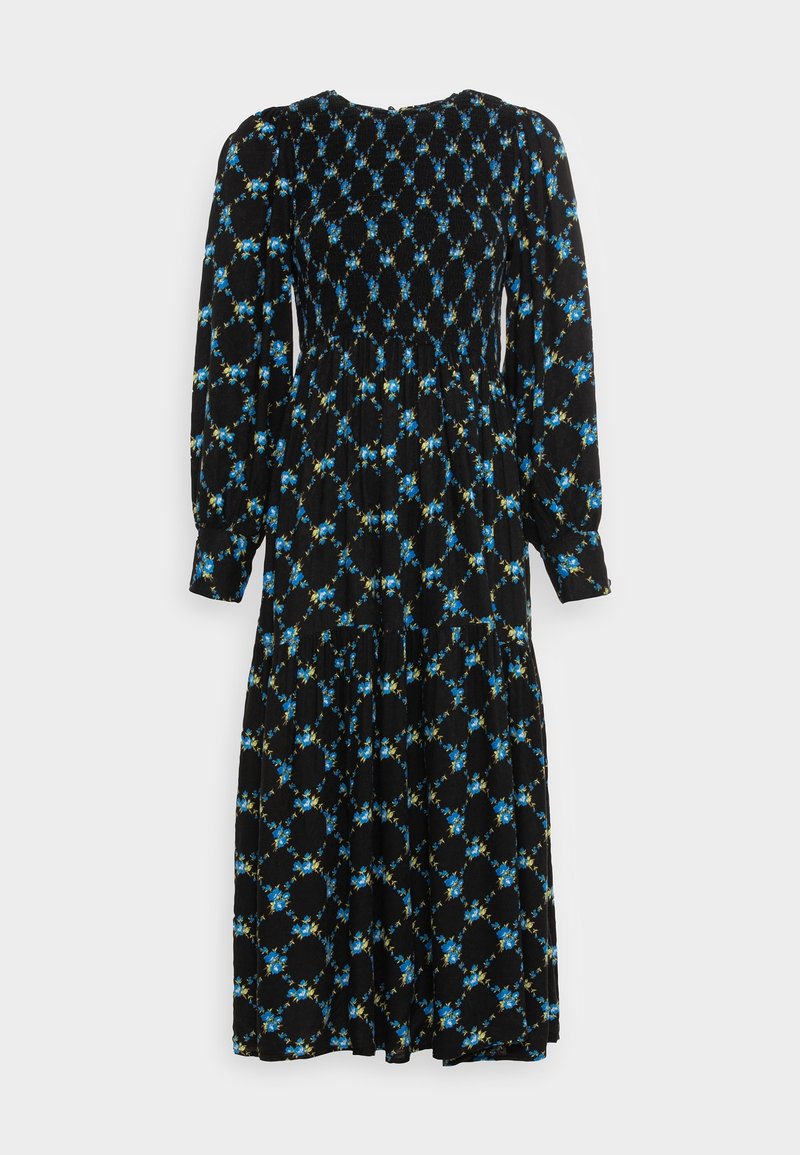 Robe midi noire à manches longues avec motifs floraux circulaires bleus, taille froncée et manches légèrement bouffantes avec poignets boutonnés.