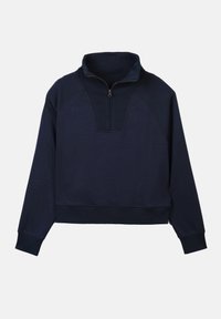 Mørkeblå kvart-zip sweatshirt med høy krage, ribbede detaljer og en avslappet passform. Mykt bomullsmateriale, med lange ermer og bredt nederkant.