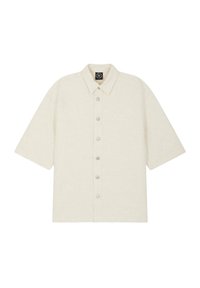 Kortarmig overhemd in off-white, met een getextureerd bloemenpatroon, een klassieke kraag en een knoopsluiting aan de voorkant met grijze knopen.