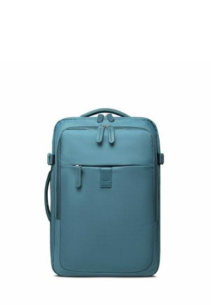 Rechteckiger, blaugrüner Rucksack mit mehreren Reißverschlussfächern und einem oberen Griff, entworfen für eine organisierte Aufbewahrung und einfaches Tragen.