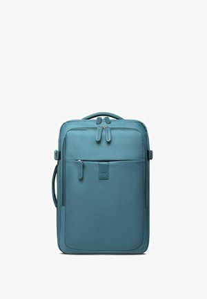 Rectangular teal-blue backpack with multiple zippered compartments and a top handle, designed for organized storage and easy carrying.