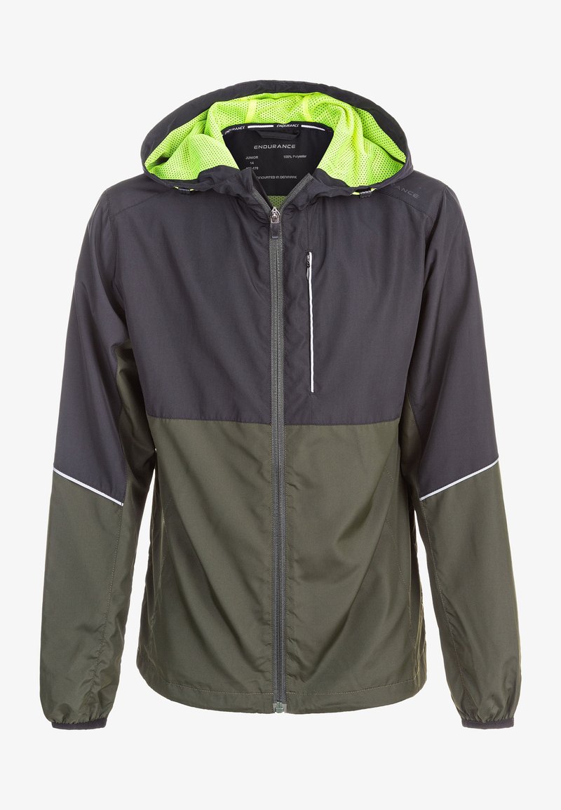 Huvjacka med en tvåfärgad design i grön och svart, tillverkad av lätt polyester med en blixtlåsficka och reflekterande detaljer.