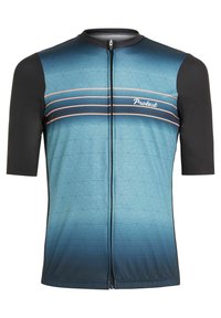 Blå gradient kortærmet cykeltrøje med geometrisk mønster, sorte ærmer, frontlynlås og "Protest" logo i hvid.