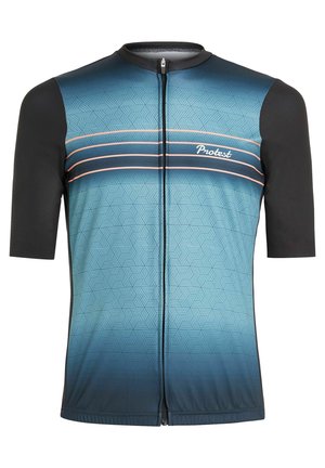 Blå gradient kortærmet cykeltrøje med geometrisk mønster, sorte ærmer, frontlynlås og "Protest" logo i hvid.