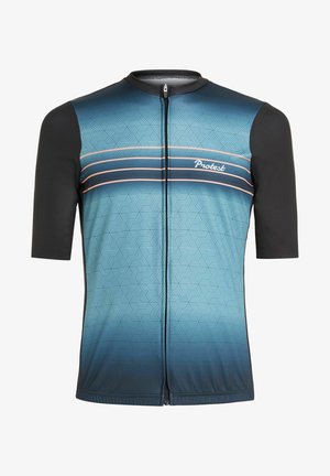 Blå gradient kortærmet cykeltrøje med geometrisk mønster, sorte ærmer, frontlynlås og "Protest" logo i hvid.