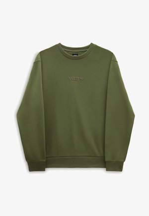 Olive green crewneck sweatshirt with long sleeves and subtle "vans." logo embroidered in the center front.