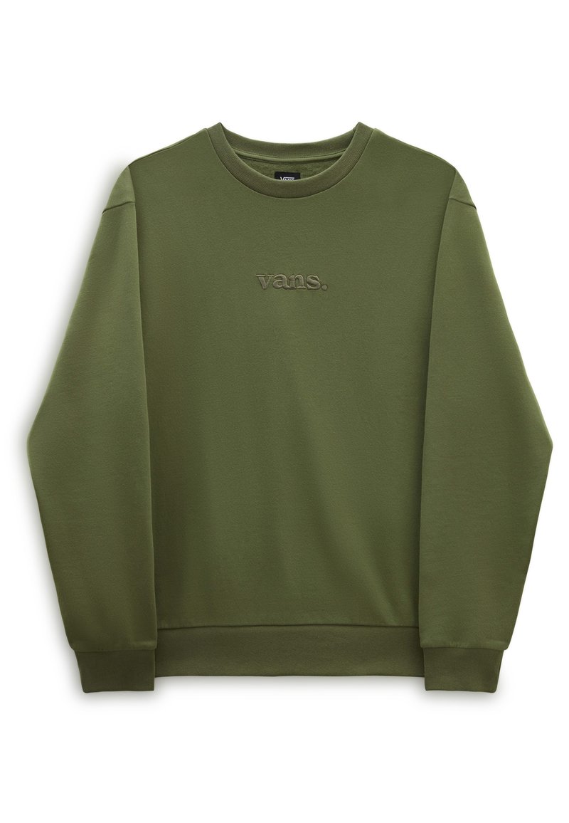 Felpa girocollo verde oliva con maniche lunghe e logo "vans." ricamato al centro davanti.