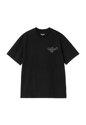 Czarny krótki rękaw t-shirt Carhartt z małym białym logo w stylu pisma na lewej piersi, okrągłym dekoltem i regularnym krojem.