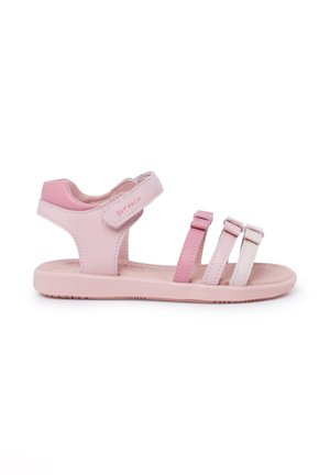 Rosa Klettsandalen mit drei verstellbaren Riemen in unterschiedlichen Farbtönen, glatter Textur und einer Gummisohle mit einem Grip-Muster.