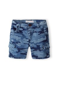 Shorts in denim con motivo camouflage blu e navy, con chiusura a bottone, tasche frontali e tasca laterale cargo.