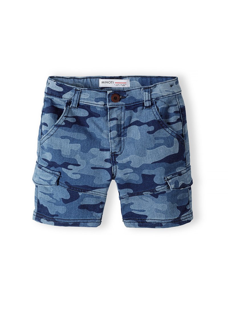 Shorts in denim con motivo camouflage blu e navy, con chiusura a bottone, tasche frontali e tasca laterale cargo.