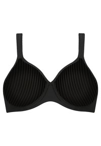 Černá podprsenka s vertikálně žebrovanou strukturou na košíčcích, hladkými ramínky a kosticemi pro podporu. Jednoduchý design bez dalších vzorů nebo akcentů.