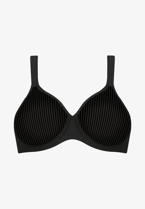 Soutien-gorge noir avec une texture ribbed verticale sur les bonnets, des bretelles lisses et un soutien-armature. Design simple sans motifs ni accents supplémentaires.