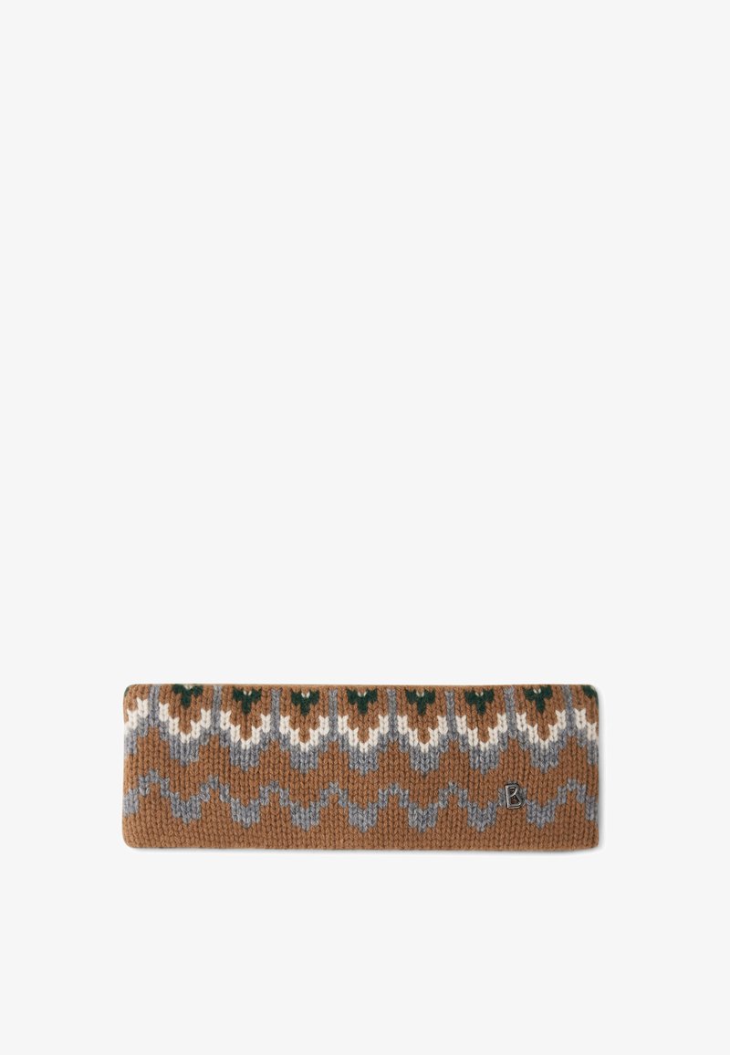 Knitted ear warmer in brown with a zigzag pattern. Features gray, white, and green accents. Metal logo detail on side. Soft texture.