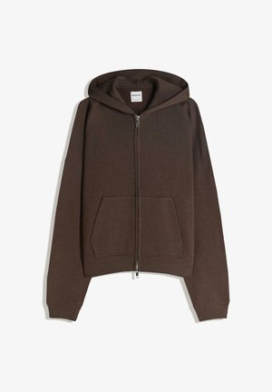 Hnedá mikina na zips vyrobená z mäkkého materiálu, s kapucňou, prednými vreckami a rebrovanými manžetami. Má jednoduchý dizajn a voľný strih.