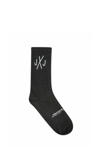 Black cotton blend socks with ribbed texture, featuring white embroidered "jXj" logo and "JACKSON" text in white on the side.
