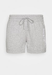 Bermudas de algodón gris con cinturilla elástica y cordón de ajuste, con un logo blanco impreso en el lado izquierdo. Diseño suave y casual.