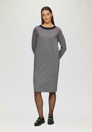 Grau gemustertes Kleid mit langen Ärmeln, rundem Halsausschnitt und Taschen. Getragen mit schwarzen Schuhen und Strumpfhosen. Schlichte, gerade Silhouette.