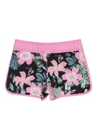 Zwarte zwemboxers met een roze bloemenpatroon, met hibiscus bloemen en groene bladeren. Roze elastische tailleband en details in de afwerking.