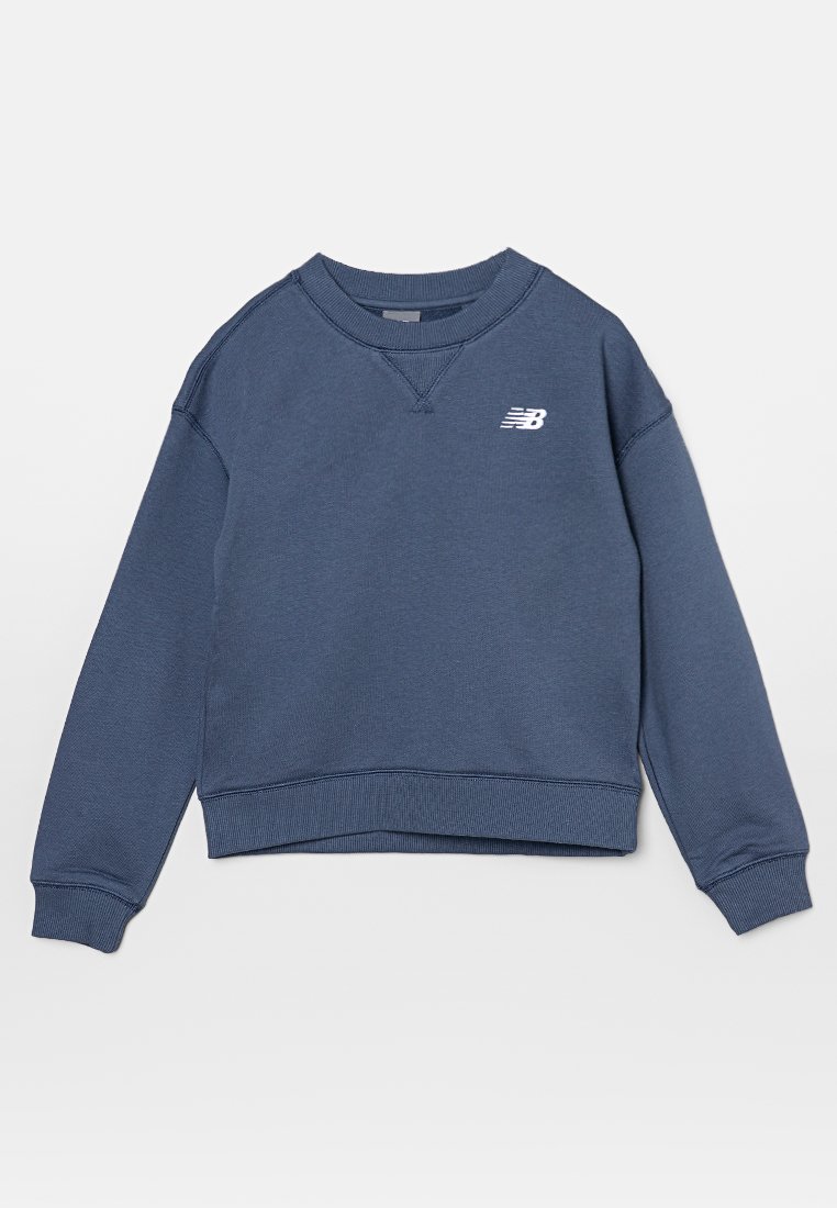 Sweatshirt bleu marine en tissu mélangé de coton, avec un col rond, des poignets et un ourlet côtelés, et un petit logo blanc sur la poitrine.