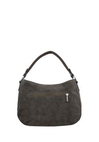 Dunkelgraue Wildleder-Schultertasche mit einem einzigen Tragegurt und einer horizontalen Reißverschlusstasche auf der Vorderseite.