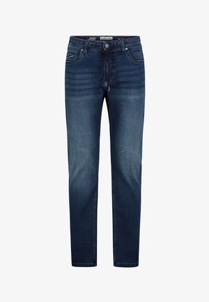 Dark blue denim jeans with a straight fit, featuring a zip fly, classic five-pocket design, and subtle fading on the legs.