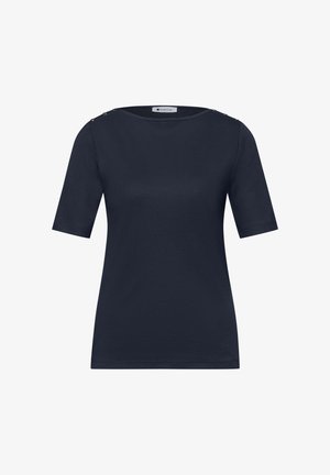 Tmavě modrá košile s krátkými rukávy, kulatým výstřihem a ozdobnými knoflíky podél každého ramenního švu.