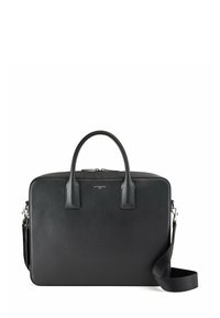 Portadocumenti in pelle nera con finitura testurizzata, maniglie superiori doppie e tracolla staccabile. Presenta una chiusura con zip e un design minimalista.