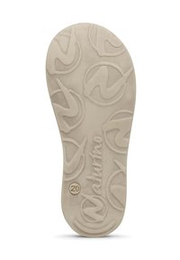 Suola di scarpa beige chiaro con motivo testurizzato che presenta loghi circolari e la parola "Naturino". Finitura liscia, forma arrotondata e indicazione della taglia "20".