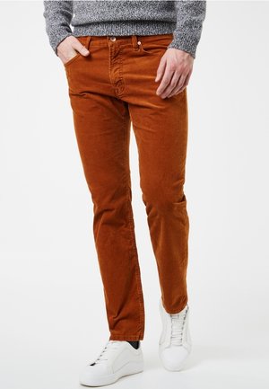 Mann trägt rostfarbene Cordhosen, grauen Strickpullover und weiße Turnschuhe, steht mit einer Hand in der Tasche vor weißem Hintergrund.