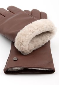 Brown leather gloves with a soft, beige faux fur lining and cuff. Features a small silver button detail on the wrist area.