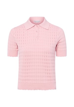 Polo en maille rose clair à manches courtes avec un motif tricoté ajouré, patte de boutonnage, poignets côtelés, ourlet festonné et col, par Marie Lund.
