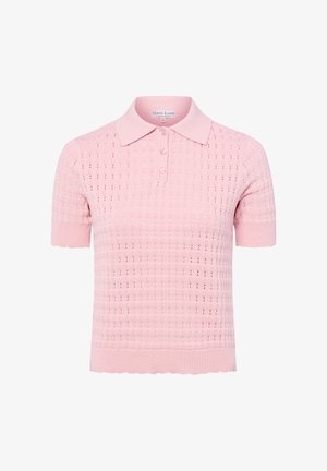 Jasnoróżowa dzianinowa koszulka polo z krótkim rękawem, z ażurowym wzorem, listwą na guziki, ściągaczami na mankietach, falistym dołem i kołnierzykiem, marki Marie Lund.