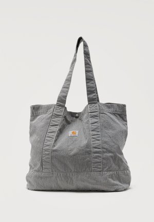 Grote boodschappentas met verticale grijs-witte strepen, lange handvatten en een klein Carhartt-logoplaatje in het midden aan de voorkant.