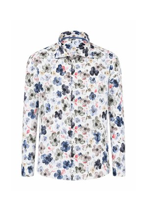 Wit overhemd met lange mouwen en knopen, met meerkleurige blauw, grijs en roze bloemenprint en een klassieke kraag.