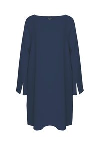 Marineblaues, langärmliges Kleid mit weitem, rundem Ausschnitt und Seitenschlitzen; aus glattem, leichtem Stoff; lockere Passform.
