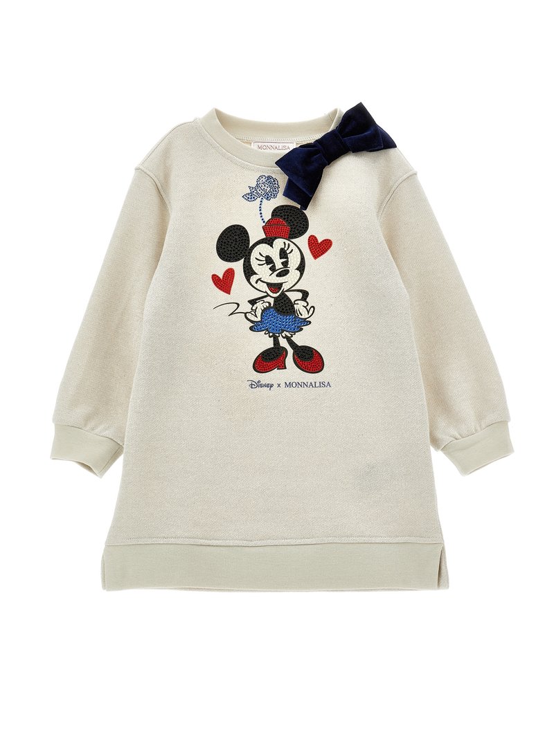 Rochie-sweater bej deschis cu imprimeu de personaj de desene animate. Are un accent subțire de fundă albastră pe umăr și manșete și tiv dantelate.