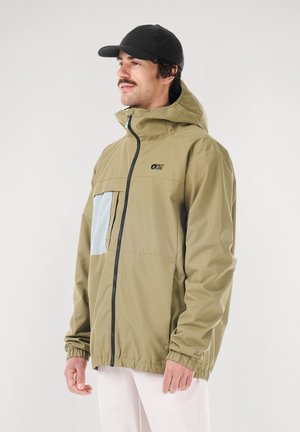Light olive green jacket with a zip front, adjustable hood, elastic cuffs, and a patterned chest pocket. Smooth, lightweight fabric.