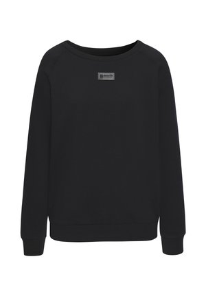 Schwarzer Sweatshirt mit langen Ärmeln, Rundhalsausschnitt und kleinem, rechteckigem Bench-Logo-Patch in der Mitte der Brust.