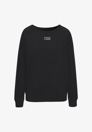 Black long-sleeve sweatshirt with crew neck and small rectangular Bench logo patch centered on the chest.