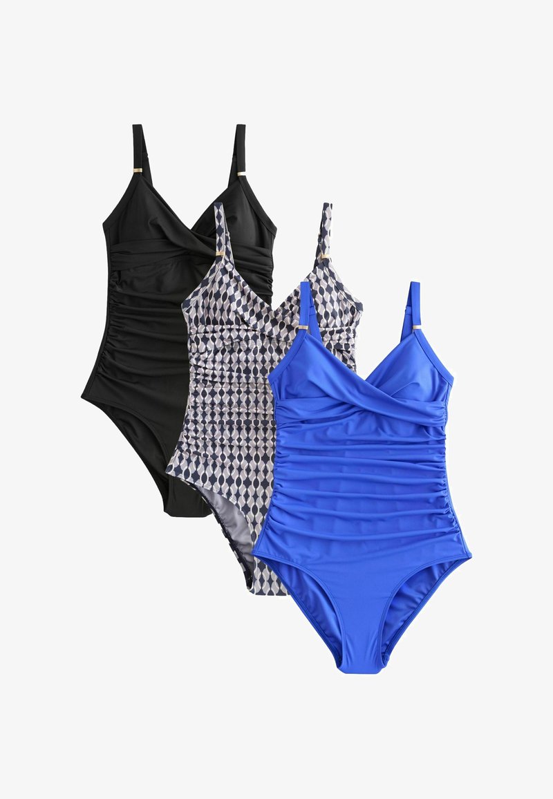 Trois maillots de bain une pièce en noir, motif géométrique et bleu, chacun avec des côtés froncés et des bretelles réglables.