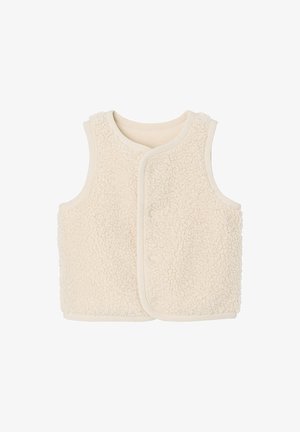 Fleece-Weste in Off-White mit strukturiertem Oberflächen, rundem Halsausschnitt und Druckknopfverschluss. Verfügt über ein ärmelloses Design und weiche Besätze.