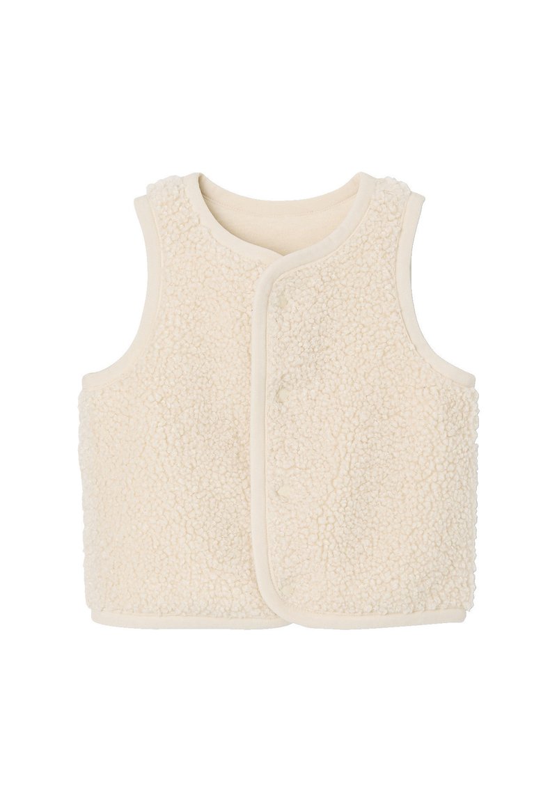 Fleece-Weste in Off-White mit strukturiertem Oberflächen, rundem Halsausschnitt und Druckknopfverschluss. Verfügt über ein ärmelloses Design und weiche Besätze.